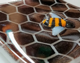4インチ スクエア ハンドメイド フューズド ガラス 蜂 昆虫 ハニカム