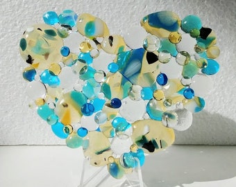 Beach Themed Textured Fused Glass Flat Heart