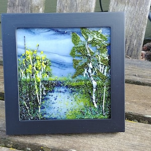Fused Glass Trees Water Sky Landscape Art Square Framed