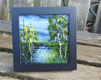 Fused Glass Trees Water Sky Landscape Art Square Framed