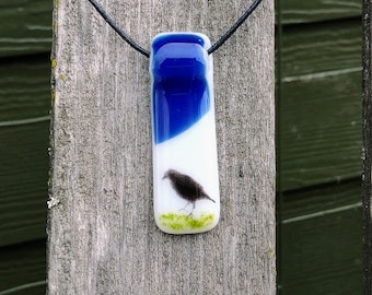 Crow Bird Necklace Jewelry Pendant Handmade Fused Glass