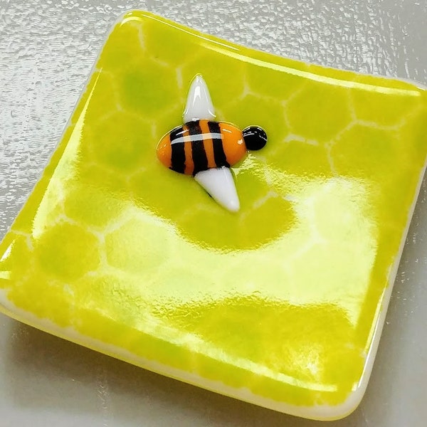 4 inch Square Handmade Fused Yellow Green Glass Bee Insect Dish Honeycomb