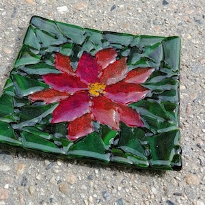Fused Glass Handmade Christmas Flower Poinsettia Art Tray