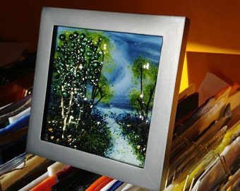 Fused Glass Trees Water Sky Sparkly Landscape Art Square Framed