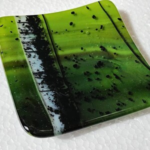 Fused Glass Green Birch Tree 4 inch Square Dish Handmade
