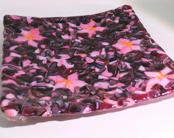 Fused Glass Handmade Pink Clematis Flower Art Tray