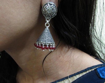 Oxidized Silver Plated Handmade Indian Bollywood Jhumka Jhumki Earrings For women/ Light weight Jhumka/ Earrings Colorful Stones Earrings