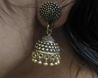 Golden Jhumki Earrings with Mattel Bolls/ Gold Tone Push Back Earrings/ Bollywood Earrings/ Jhumka Earrings Best Gift For Her