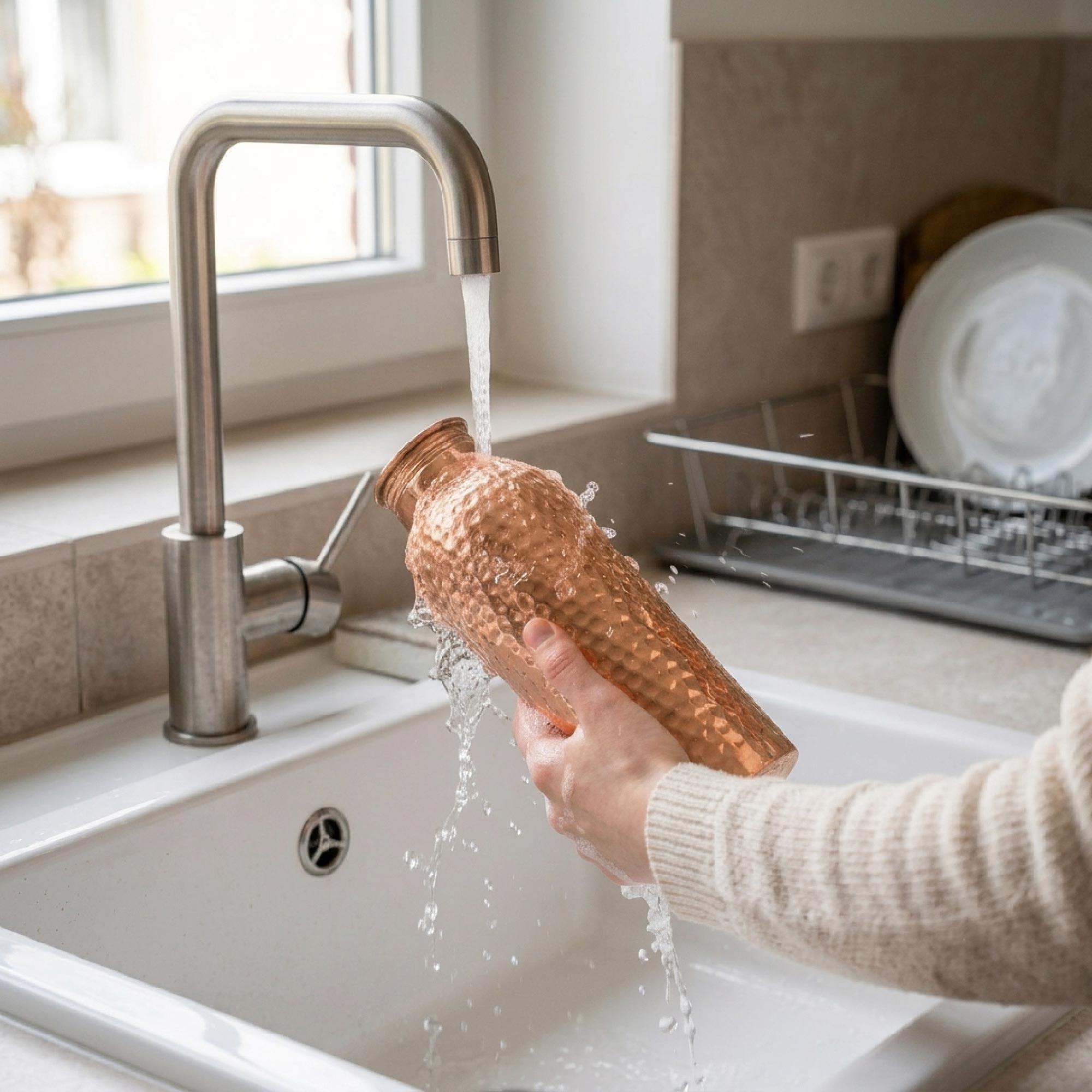 May include: A hammered copper water bottle with a narrow neck and a metallic finish being rinsed under a stainless steel kitchen faucet. The bottle has a textured, dimpled surface and is held under a steady stream of clear running water.
