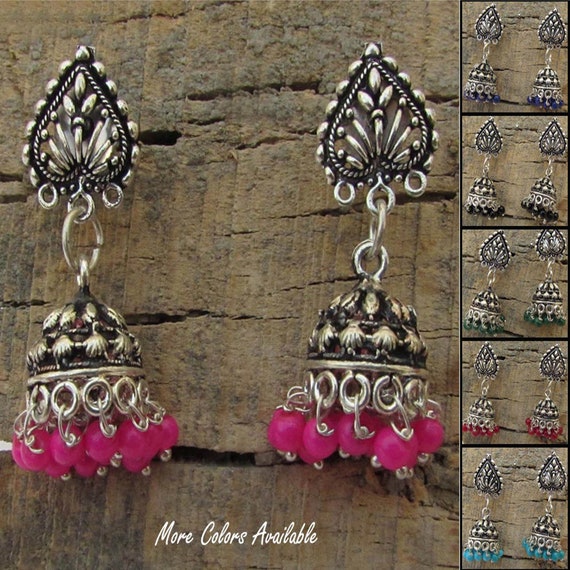 Orecchini Jhumka Bollywood Placcati In Argento Ossidato - Foto 9