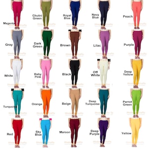 May include: A collection of leggings in various colors, including magenta, chutney green, royal blue, navy blue, and peach. Each pair is labeled with its color name. The leggings are displayed on a white background.