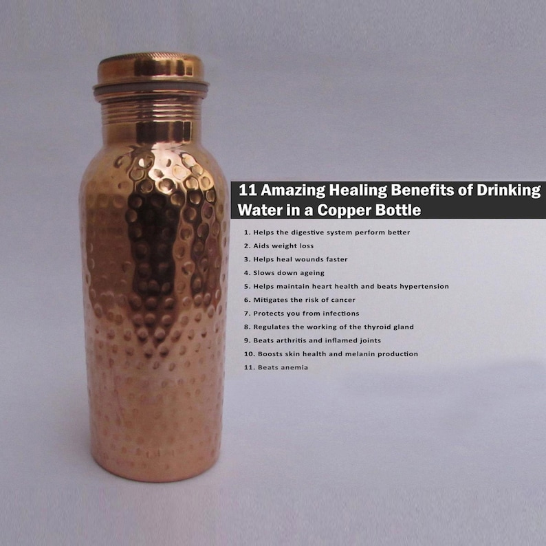 May include: A hammered copper water bottle with a cylindrical body and a matching cap. Next to the bottle, text lists 11 Amazing Healing Benefits of Drinking Water in a Copper Bottle, including digestive health, weight loss, and heart health.