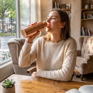 May include: A cylindrical copper water bottle featuring a textured, hammered exterior finish. The bottle has a smooth, rounded rim at the top and a flat base, reflecting light across its metallic surface while being held in a vertical position.
