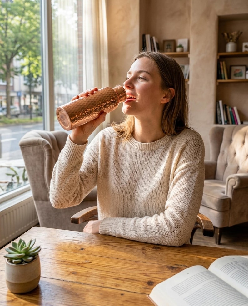 May include: A cylindrical copper water bottle featuring a textured, hammered exterior finish. The bottle has a smooth, rounded rim at the top and a flat base, reflecting light across its metallic surface while being held in a vertical position.