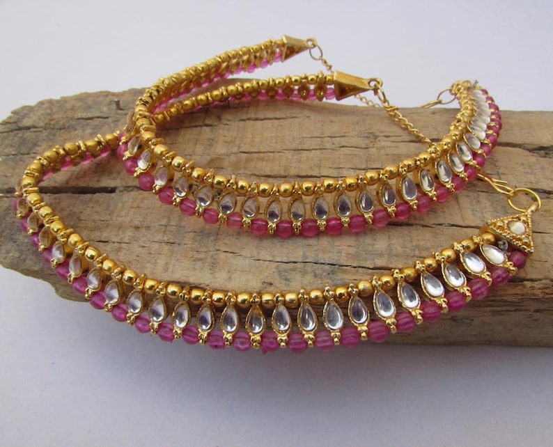 Pink Color Payal Pink Anklets Gems Beads and Kundan Work Best Gift For Womens and Girls