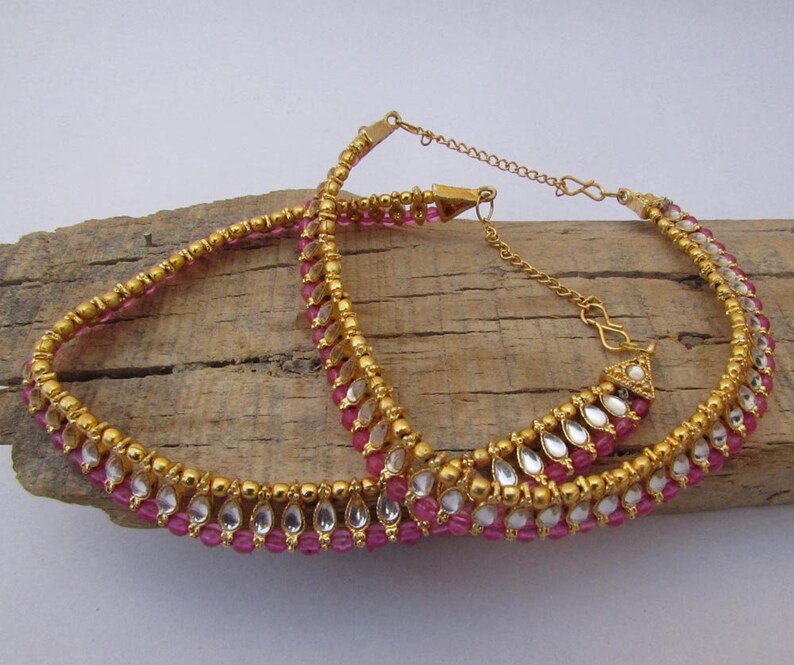 Pink Color Payal Pink Anklets Gems Beads and Kundan Work Best Gift For Womens and Girls