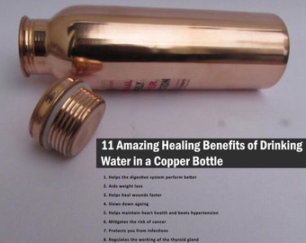 100% Pure Copper Travel 900ml (30 OZ) Water Bottle Flask Leak Proof Joint Less Yoga Ayurvedic Health Benefits Handmade In India
