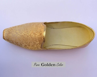 Men's Golden Shoes Bridal Gold Shoes For Men's Handmade Shoes Indian Men's Wear Complete Golden Shoes Indian Wedding Golden Mojari For Men