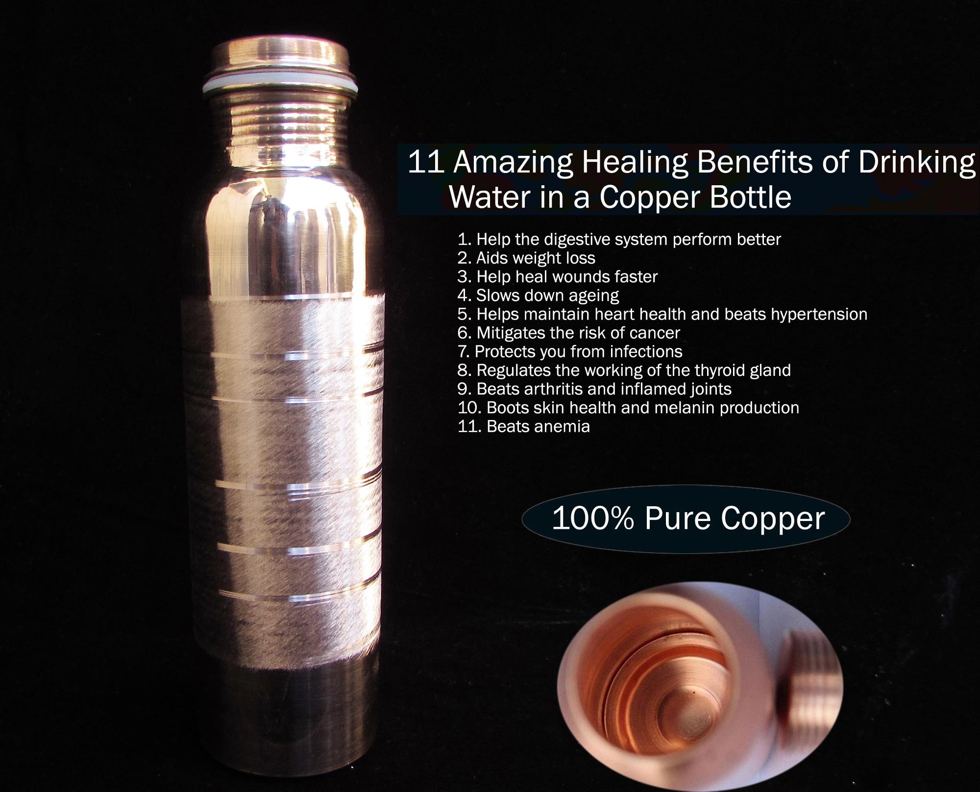 eco reusable Pure Copper Water Bottle 900ml  Drinkware Health Yoga Various 
