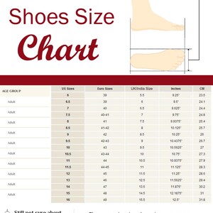 May include: A shoe size chart with the title Shoes Size Chart in dark red text. It includes a diagram showing how to measure foot length and width, and a table listing adult sizes for US, Euro, and UK/India, with measurements in inches and cm.