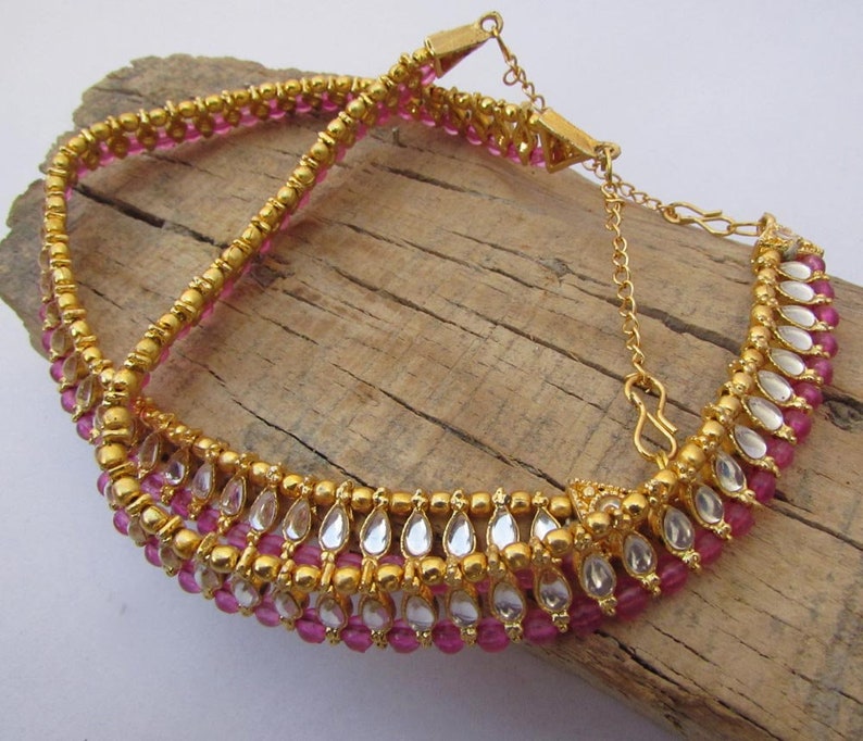 Pink Color Payal Pink Anklets Gems Beads and Kundan Work Best Gift For Womens and Girls