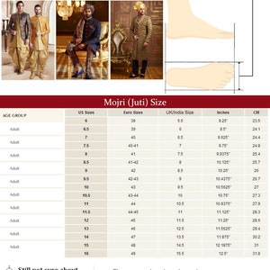 May include: A Mojri Juti size chart featuring three photographs of individuals in traditional attire, a diagram illustrating foot width measurement, and a table listing adult sizes in US, Euro, UK/India, inches, and centimeters.