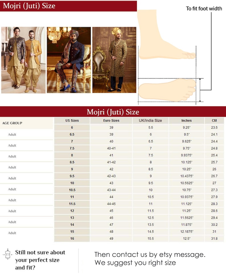 May include: Image shows a size chart for Mojri (Juti) shoes, with US, Euro, and UK/India sizes. Measurements are in inches and centimeters. The chart includes sizes from US 6 (23.5 cm) to US 16 (31.8 cm).
