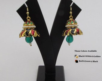 Meenakari Kundan Earrings, Gold Tone Indian Jewelry