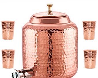 Pure Copper Water Dispenser Hand Made Hammered Indian Copper Home Studio Office Water Dispenser Jug, Copper Cups 250ml Each, You Can Choose