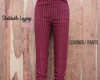 Red Checkered Cotton Lycra Leggings, Boho Jeggings
