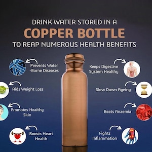 May include: A copper water bottle with a screw-on cap is displayed against a dark blue background. Text highlights health benefits: prevents waterborne diseases, aids weight loss, promotes healthy skin, boosts heart health, keeps digestive system healthy, slows down aging, beats anemia, and fights inflammation.