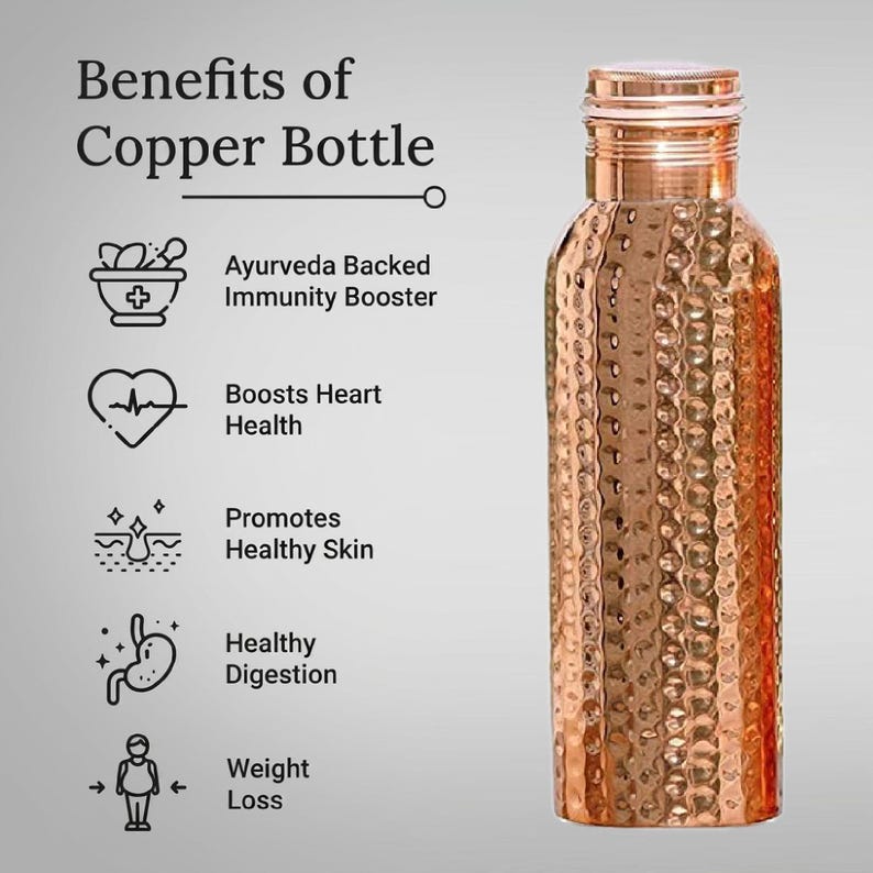 100% Pure Copper Water Bottle, Handmade Copper Bottle, Pure Hammered Copper Water Bottle 950 ML 32 OZ image 3