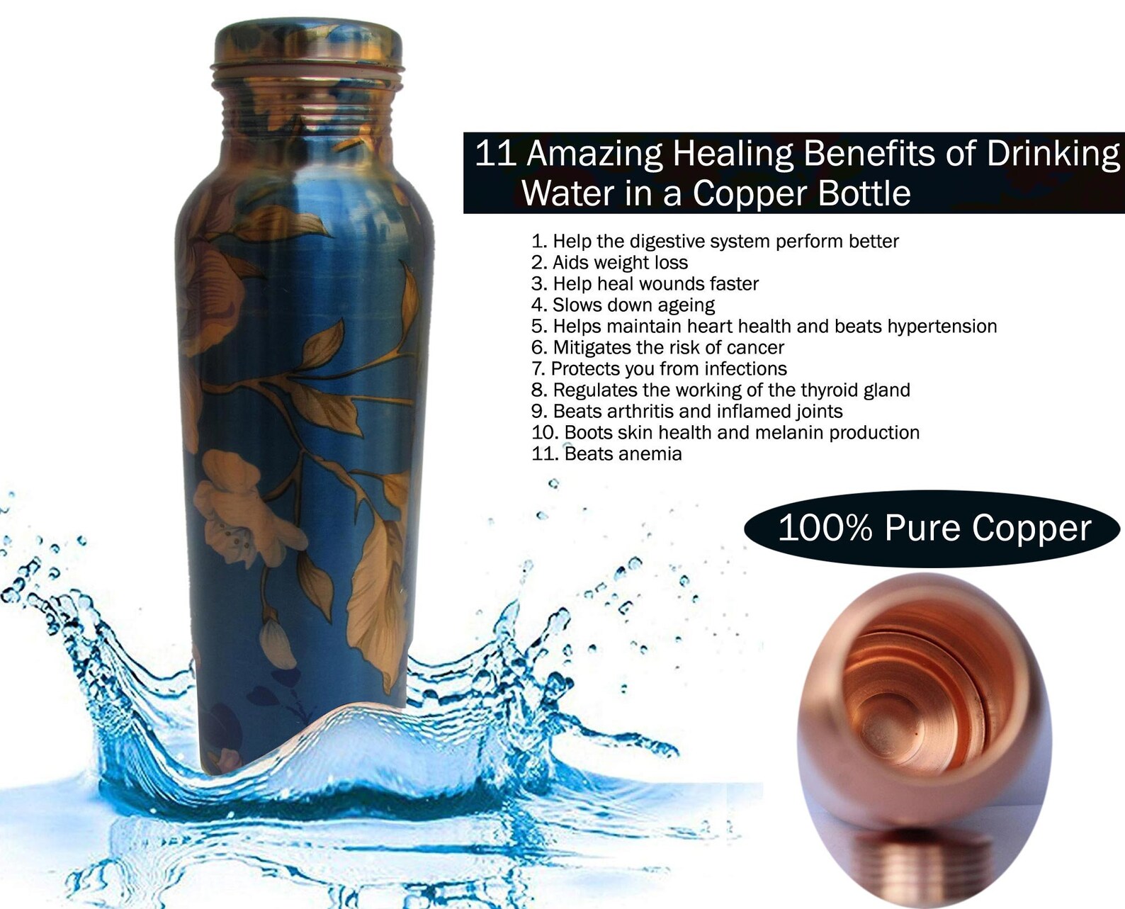 Pure Copper Water Bottle 32 Oz Copper Drinking Bottle Yoga Etsy