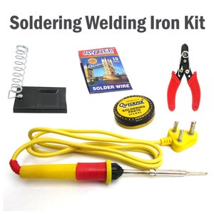 Puede incluir: Kit de soldadura con un soldador amarillo y rojo, alambre de soldadura, pasta de soldadura, pelacables y un soporte para soldador. El kit incluye el texto "Soldering Welding Iron Kit".