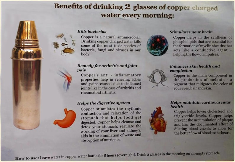 May include: A copper water bottle with a shiny finish. The image includes text detailing the benefits of drinking copper-charged water, such as killing bacteria and improving skin health. The bottle is cylindrical with a rounded top.