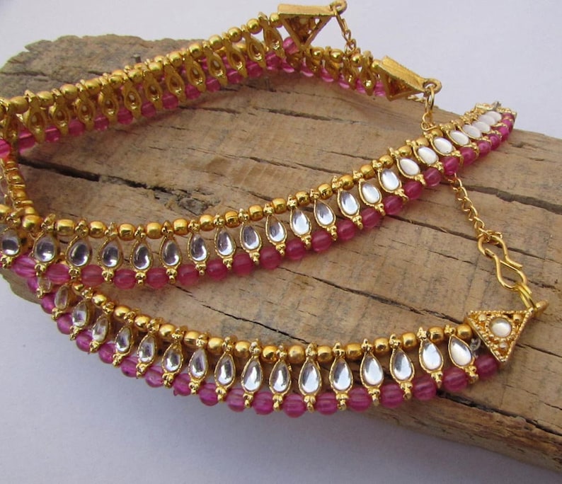 Pink Color Payal Pink Anklets Gems Beads and Kundan Work Best Gift For Womens and Girls