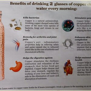 May include: A cylindrical copper water bottle with a hammered texture and a smooth metal cap. The image includes text titled Benefits of drinking 2 glasses of copper charged water every morning, listing health claims and instructions for use.