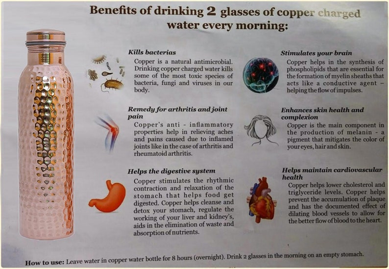 May include: A cylindrical copper water bottle with a hammered texture and a smooth metal cap. The image includes text titled Benefits of drinking 2 glasses of copper charged water every morning, listing health claims and instructions for use.