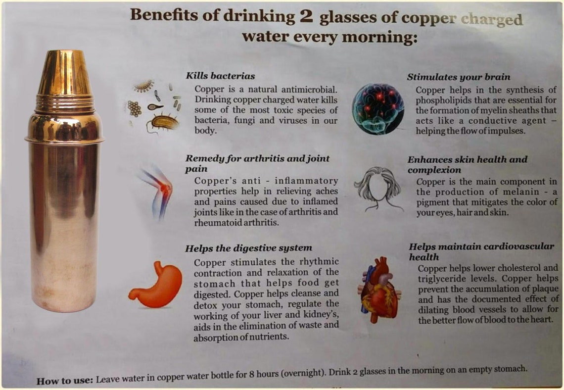 100 Pure Copper Bottle Health Benefits of Drinking Water Etsy