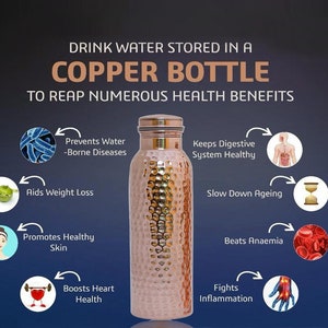 May include: A hammered copper water bottle centered in the image with text above reading DRINK WATER STORED IN A COPPER BOTTLE TO REAP NUMEROUS HEALTH BENEFITS. Surrounding the bottle are eight circular icons with arrows pointing to the bottle.