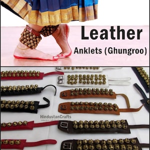 May include: Leather anklets, also known as ghungroo, featuring rows of small brass bells attached to adjustable straps. The collection includes various colors such as black, brown, white, and red, each equipped with a metal buckle for secure fastening.