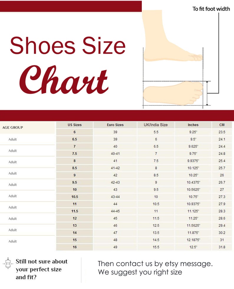 May include: A shoes size chart with a maroon header and white background. It displays a table with columns for US, Euro, UK/India sizes, and measurements in inches and centimeters. An illustration shows how to measure foot length and width.