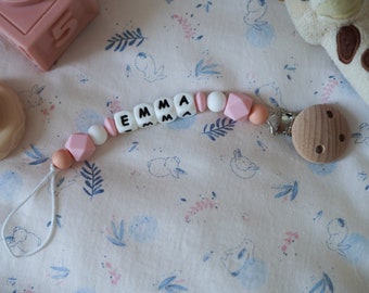 Personalized pacifier clip | Silicone beads | Wooden clip | Blush Model
