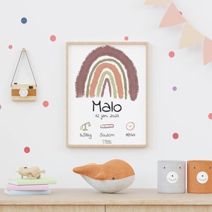 Cartel de nacimiento | Decoración arcoíris boho en tonos tierra | Personalización de nombre, fecha, peso, altura y hora