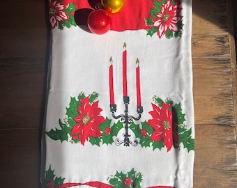 Vintage Christmas Tablecloth with Poinsettias and Candles-MCM Christmas Tablecloth- 1950s Christmas Tablecloth-Vintage Poinsettia Tablecloth