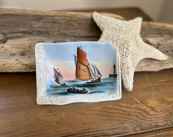 Antique Victorian Nautical Trinket Dish-Rare Hand Painted Nautical Dish-Antique Boat Decor-Antique Lighthouse Decor-Rare Victorian