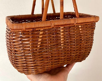 Japanese Rattan Bamboo Vintage Basket handmade 12 Inch Tall Handle, cottagecore, storage, yarn holder