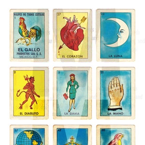 Digital 1960 Vintage Litho of 9 Mexican Loteria designs as 1 page WALL ART 8.5 x 11 in. ink jet, laser printer, digital 300 dpi jpeg and pdf