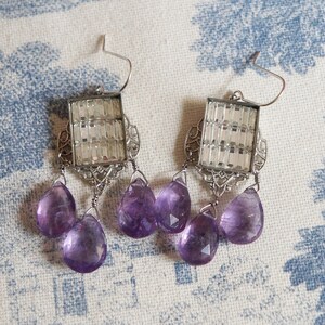 Amethyst earrings, Gift for her, Silver earrings, Statement earrings, Dangle earrings, Chandelier earrings, Boho earrings, Vintage glass