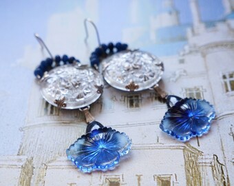 Sapphire earrings, Statement earrings, Birthstone jewelry, Vintage jewelry, Glass flowers, Dangle earrings, Blue earrings, Floral earrings